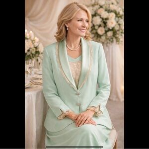 Champagne 3-Piece Set Celadon Maxi Dress Lace Jacket Formal Wedding Guest MOB